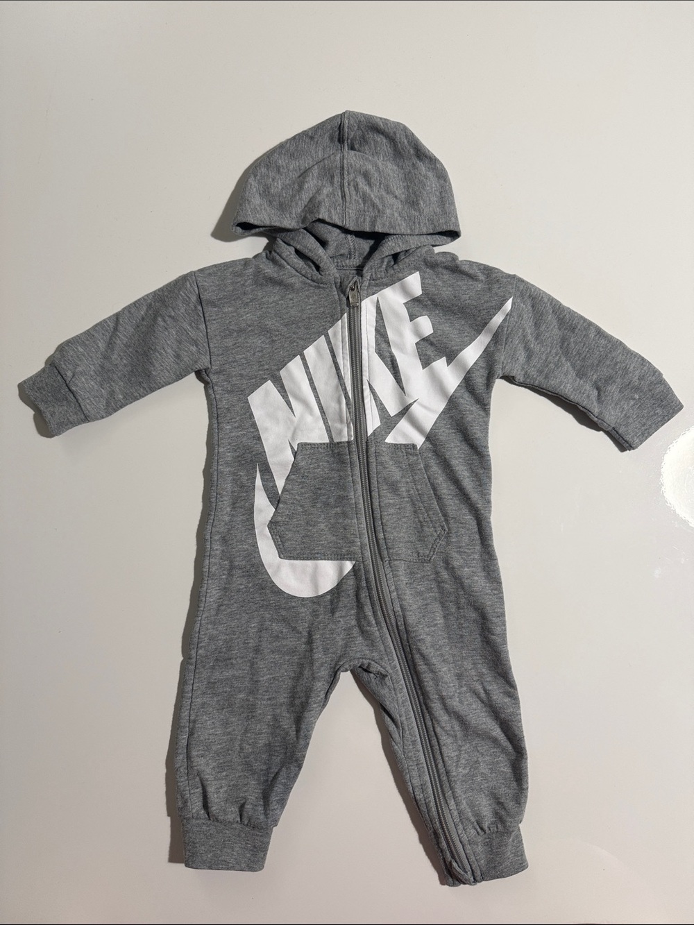 Nike Gray Hooded Baby Footie with White Swoosh Sz 9 M